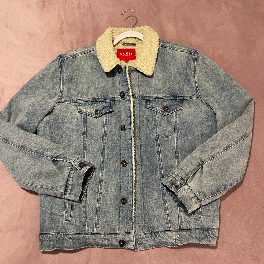Guess Jacket Mens Large Blue Sherpa Lined Denim Trucker Button Front Jean Casual